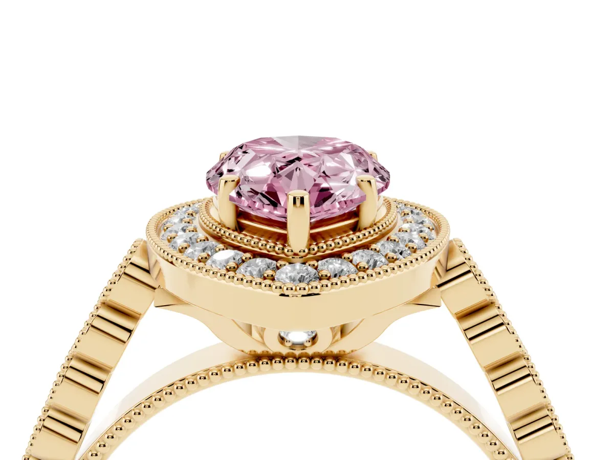 Fancy Pink Pear Cut Halo Twist Band Solitaire Ring with Six-Prong Setting Yellow gold