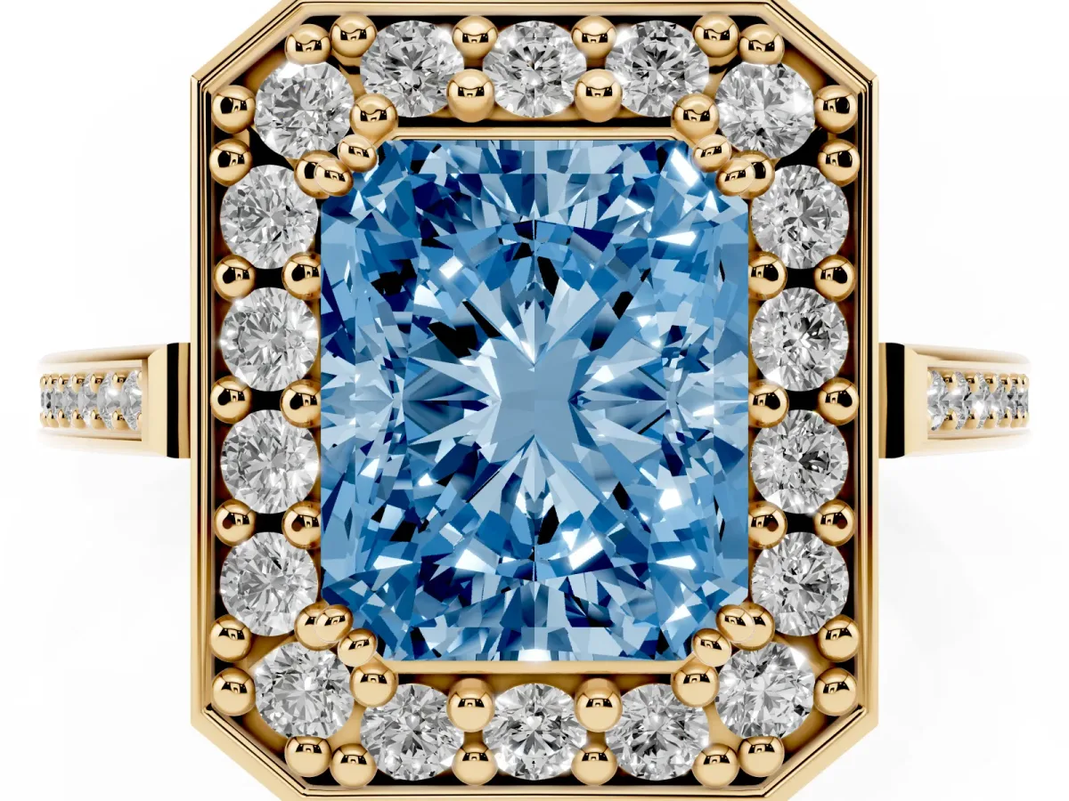 Fancy Blue Radiant Cut Diamond Halo Ring with Split Shank and Four-Prong Setting Yellow gold