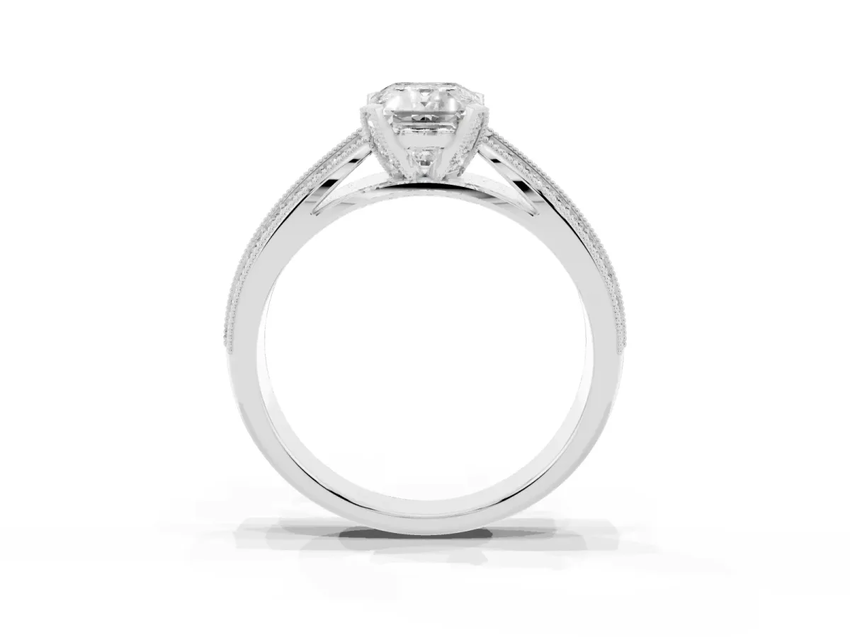 Emerald Cut Diamond Solitaire Ring with Milgrain Round Pavé Band and Prong Setting Platinum