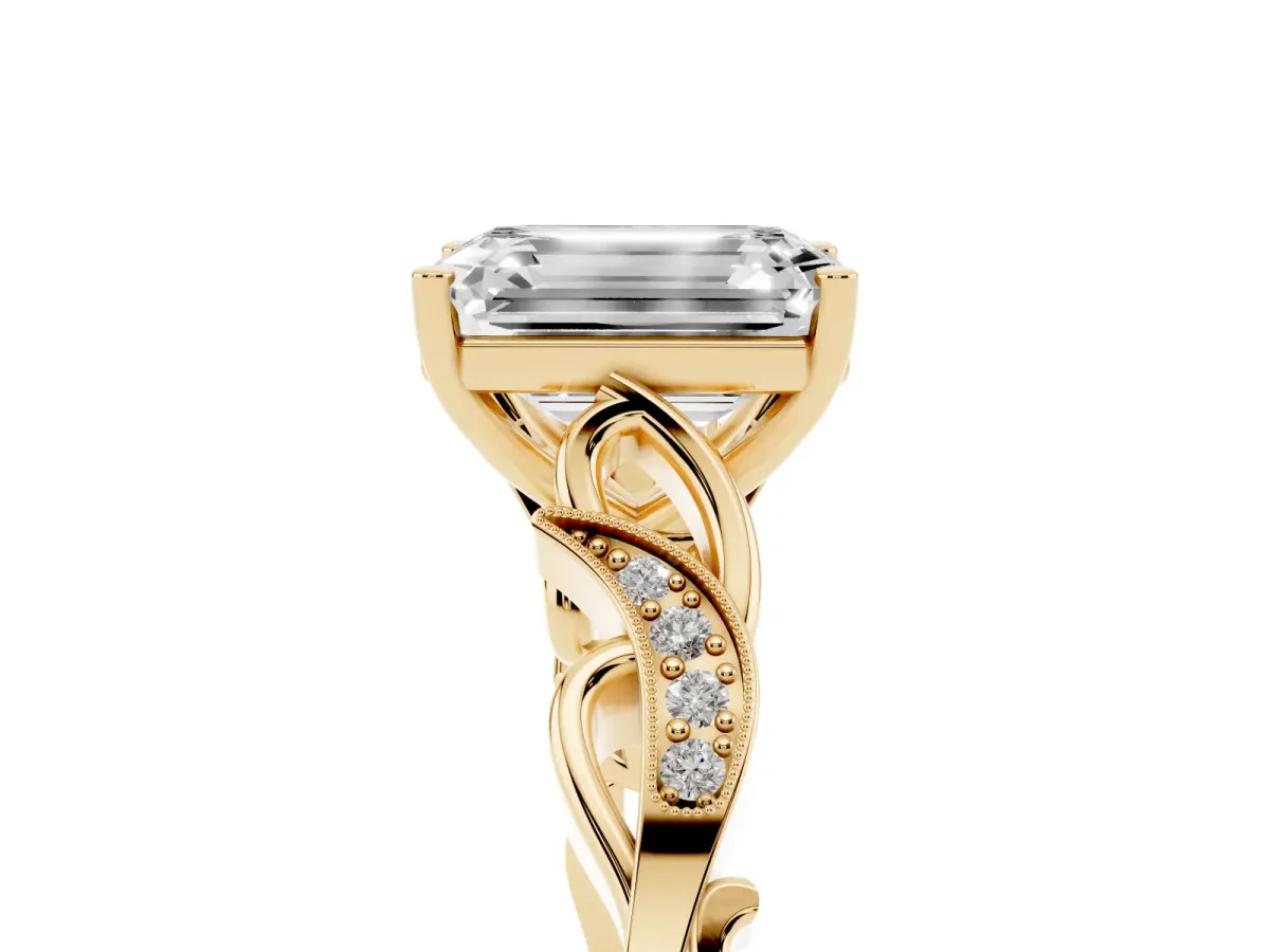 Emerald Cut Solitaire Vine Band with Milgrain Prong Setting Yellow gold