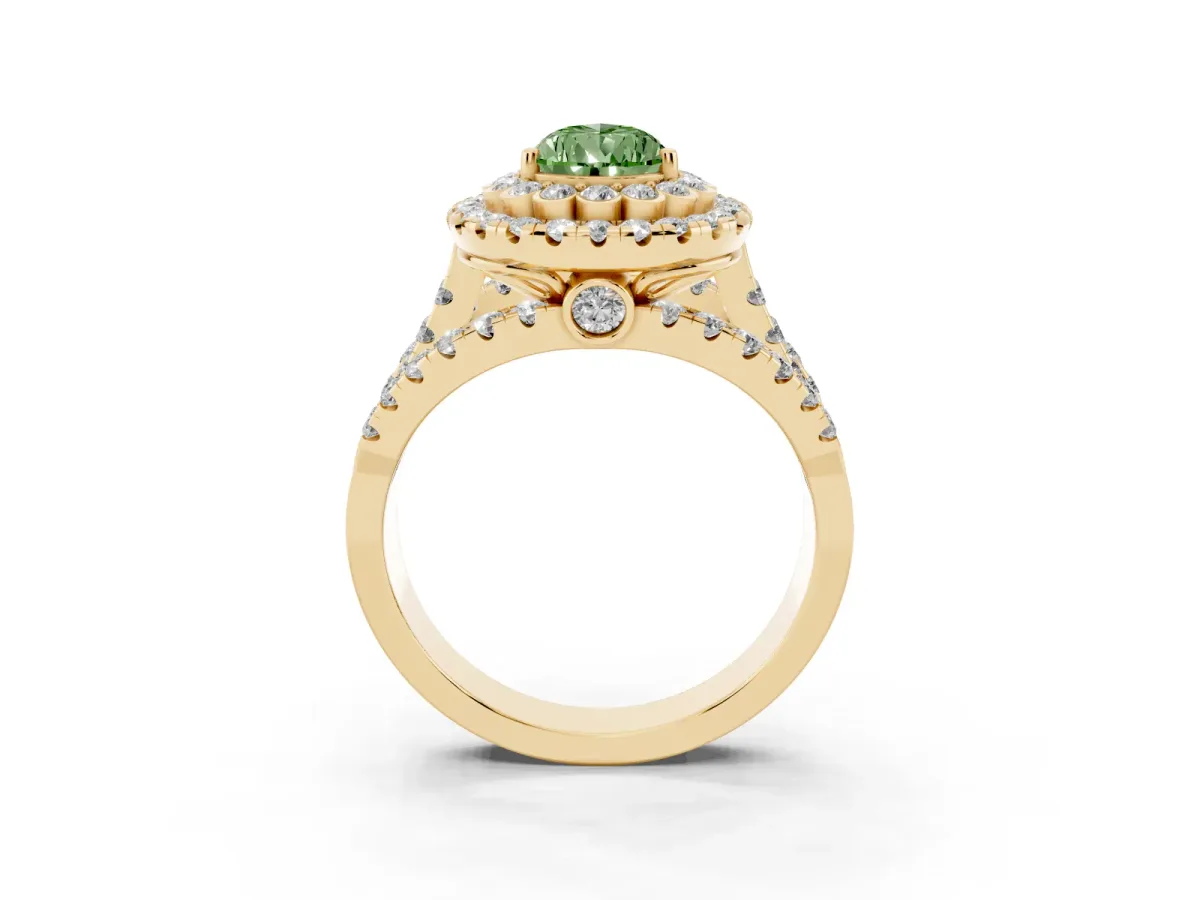 Fancy Green Pear Cut Diamond Double Halo Ring with Round Pavé Split Shank and Prong Setting Yellow gold