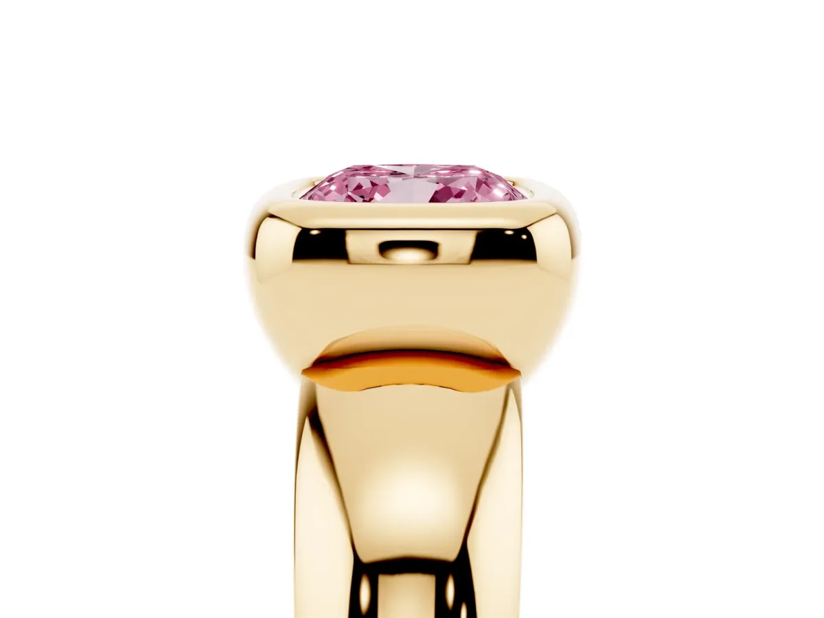 Fancy Pink Bezel Set Cushion Cut Solitaire Ring with Wide Band Yellow gold