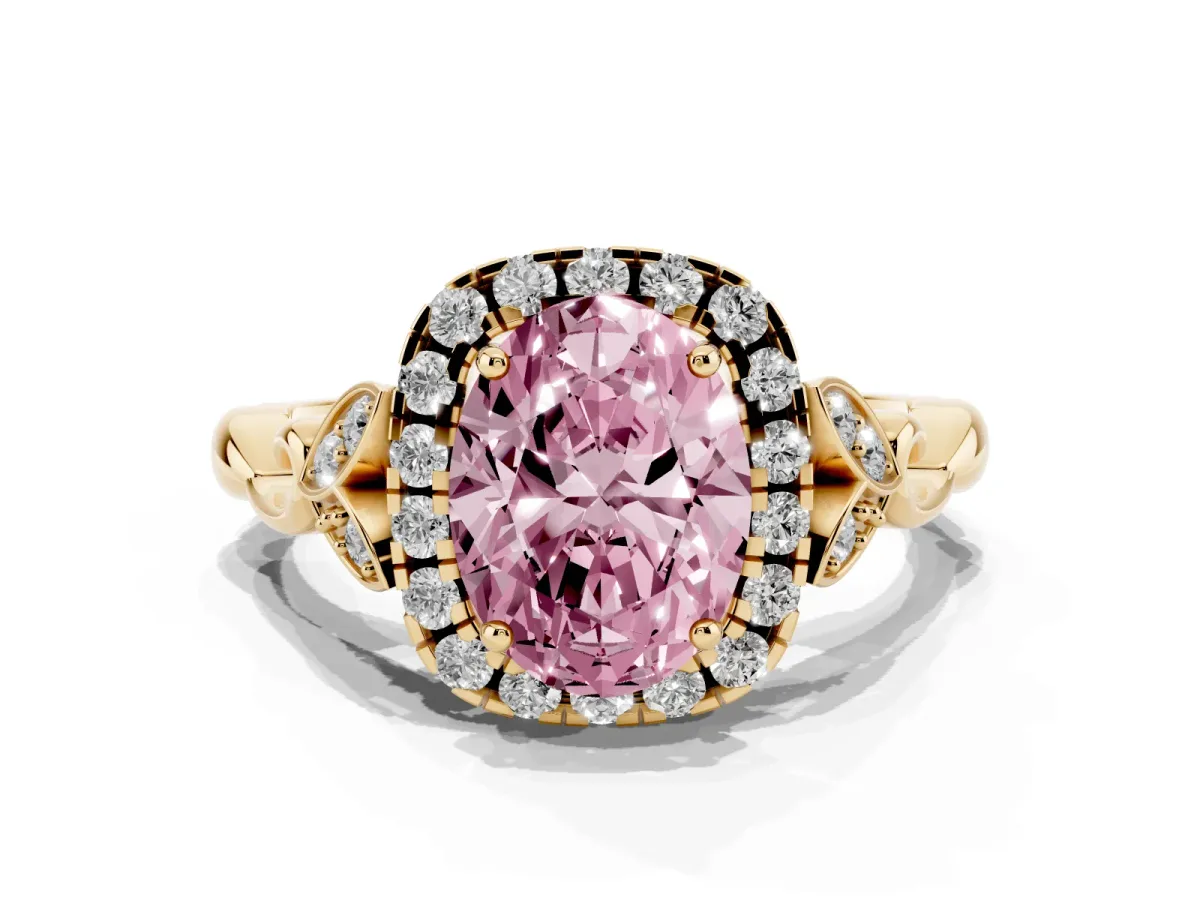Fancy Pink Oval Cut Halo Diamond Engagement Ring with Vintage-Inspired Band and Four-Prong Setting Yellow gold