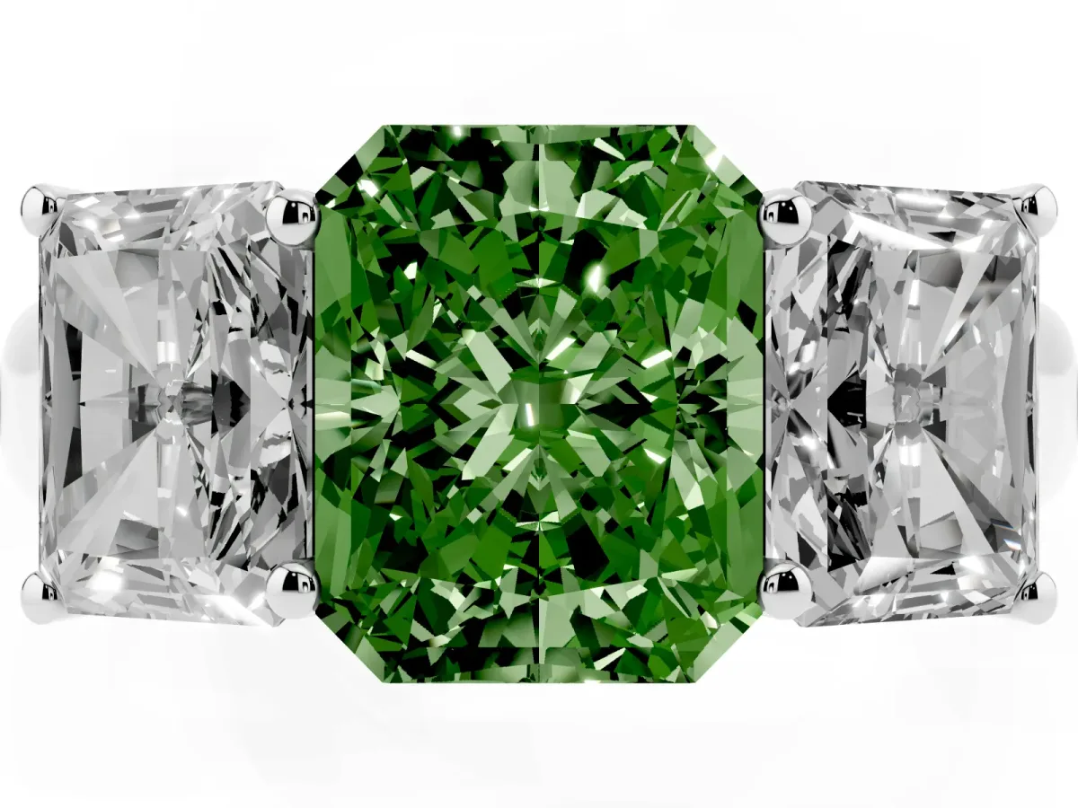 Fancy Green Radiant Cut Three-Stone Diamond Ring with Prong Setting on a Classic Band Silver