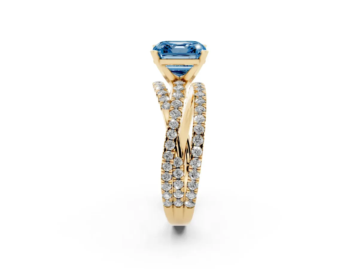 Fancy Blue Asscher Cut Solitaire Twist Band with Pavé Setting and Four-Prong Setting Yellow gold