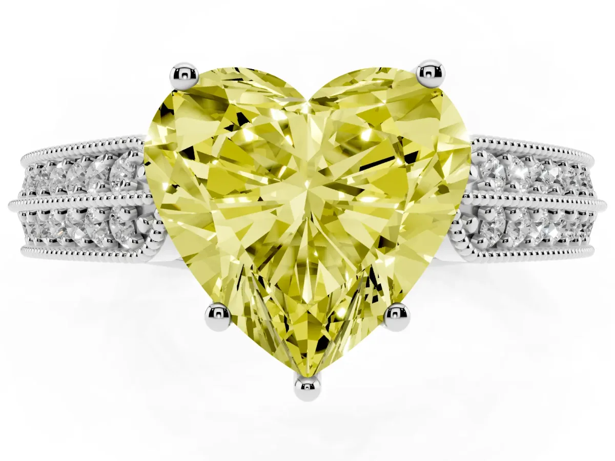 Fancy Yellow Heart Cut Cut Pave Split Shank Engagement Ring with Four-Prong Setting Platinum
