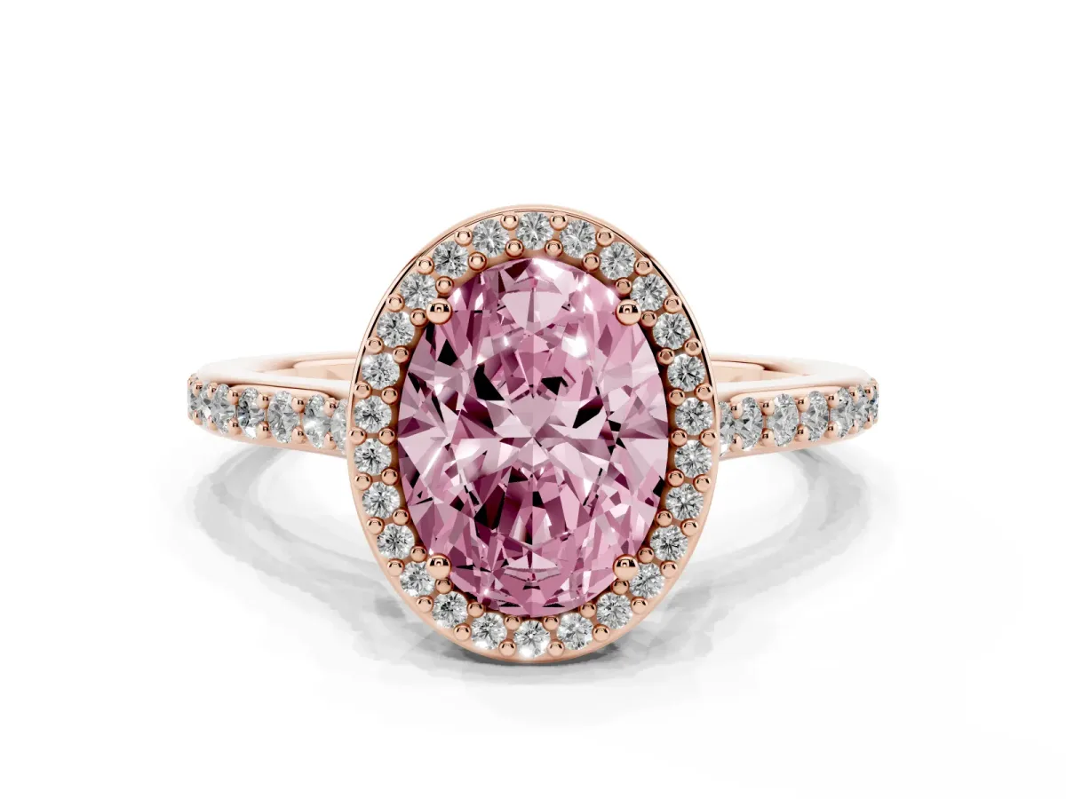 Fancy Pink Oval Cut Diamond Halo Engagement Ring with Round Pavé Shoulders and Prong Setting Rose gold