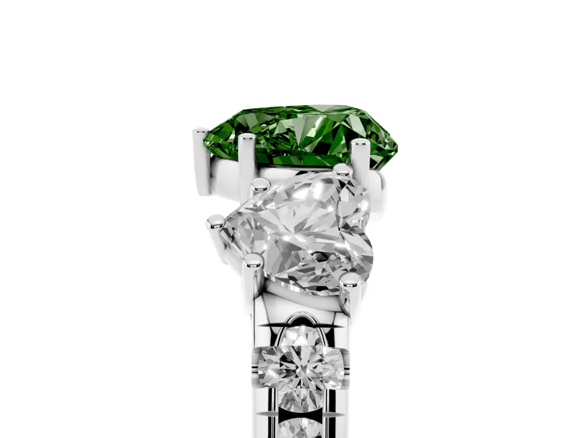 Fancy Green Three-Stone Heart Cut Diamond Pavé Band with Prong Setting Silver