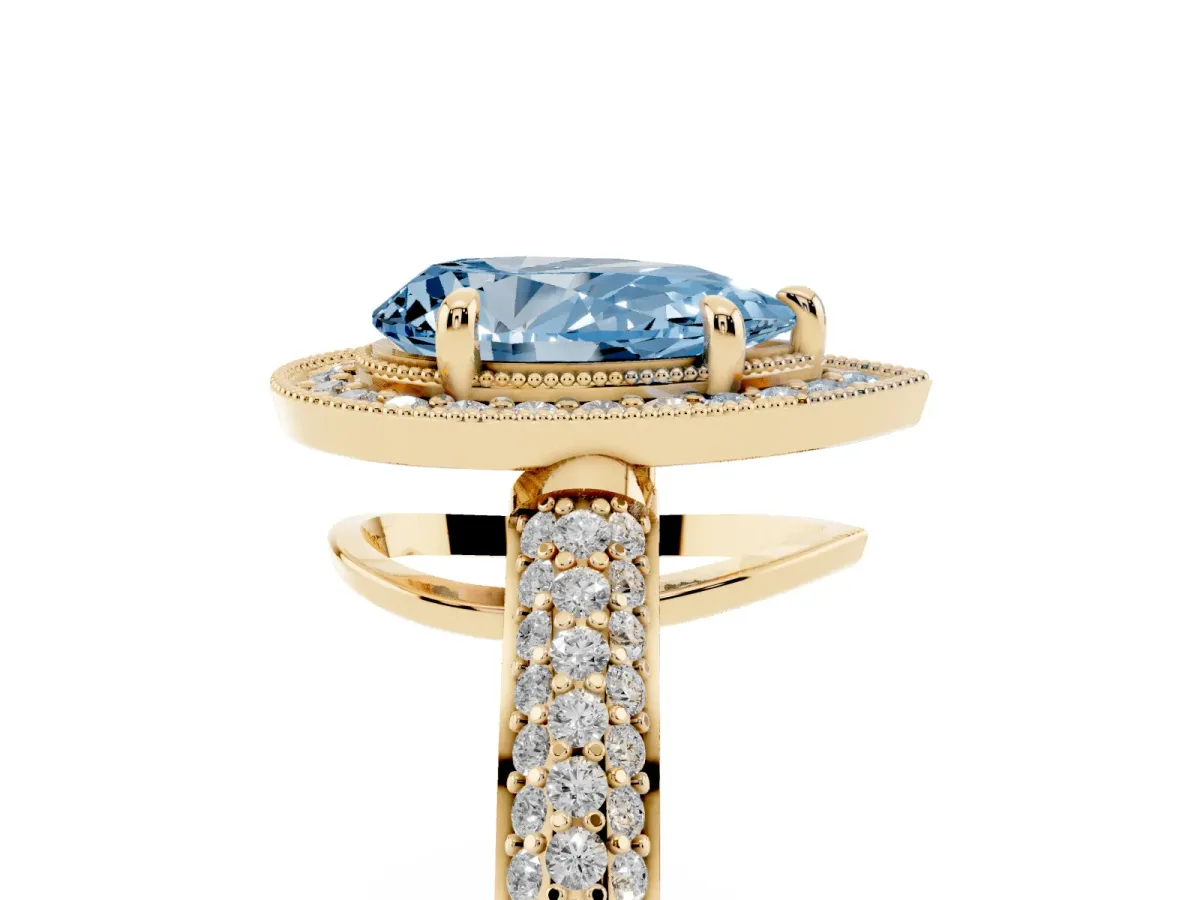 Fancy Blue Pear Cut Cut Halo Diamond Pave Band with Four-Prong Setting Yellow gold