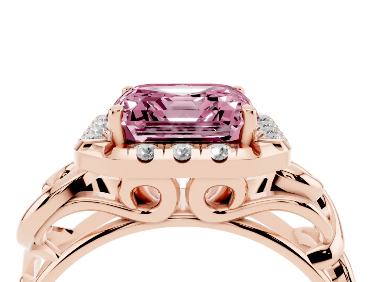 Fancy Pink Asscher Cut Cut Halo Diamond Ring with Scrollwork Band and Four-Prong Setting Rose gold