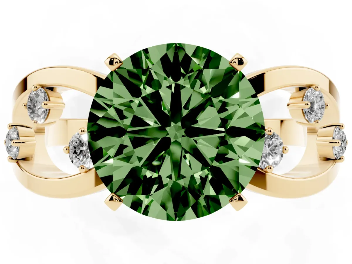 Fancy Green Round Cut Cut Solitaire Diamond with Side Stones on Criss-Cross Band and Four-Prong Setting Yellow gold