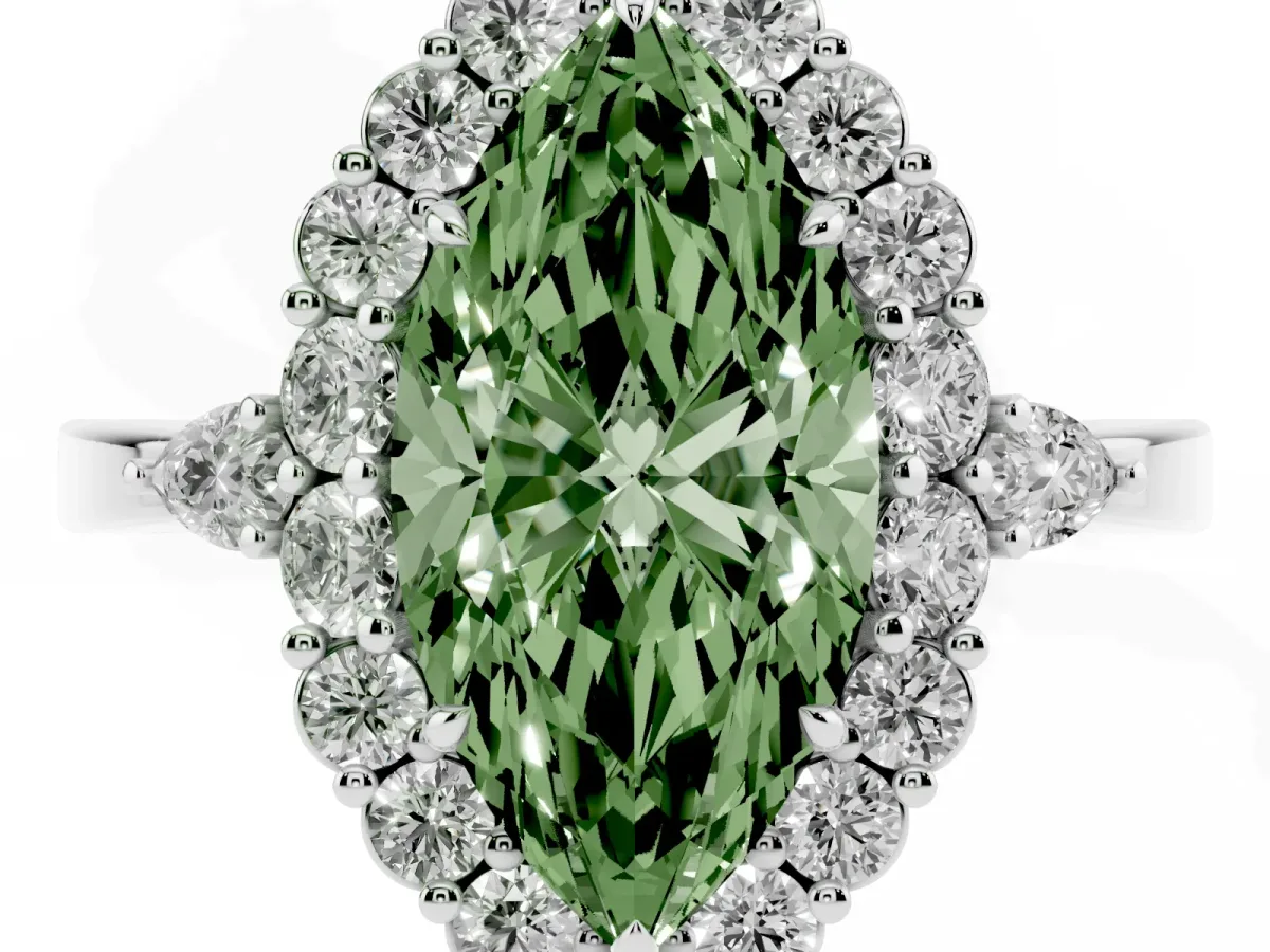 Fancy Green Marquise Cut Diamond Halo Ring with Pear Side Stones and Prong Setting Silver