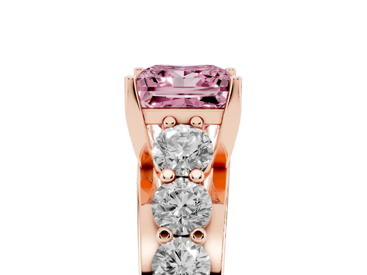 Fancy Pink Princess Cut Diamond Engagement Ring with Pavé Band and Four-Prong Setting Rose gold