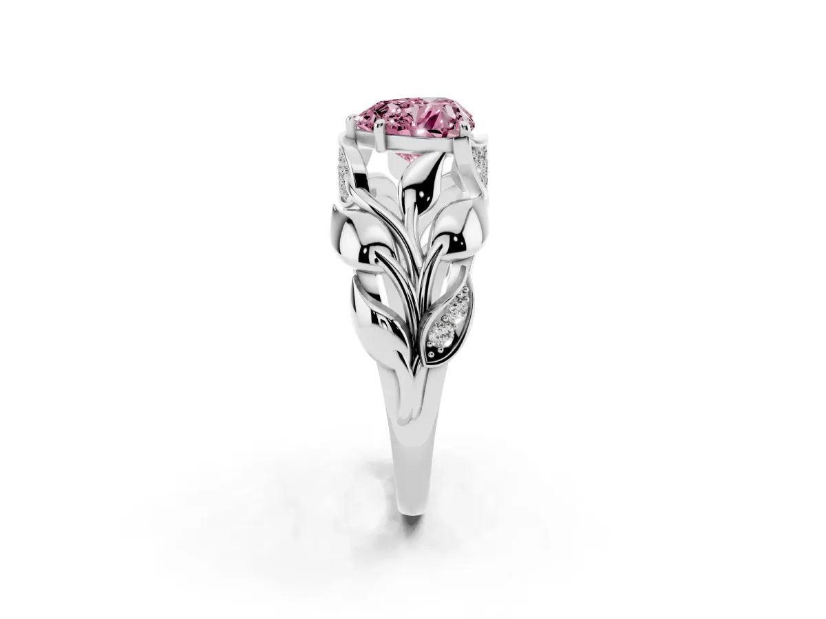 Fancy Pink Heart Cut Diamond Leaf-Inspired Engagement Ring with Round Accents and Prong Setting White gold