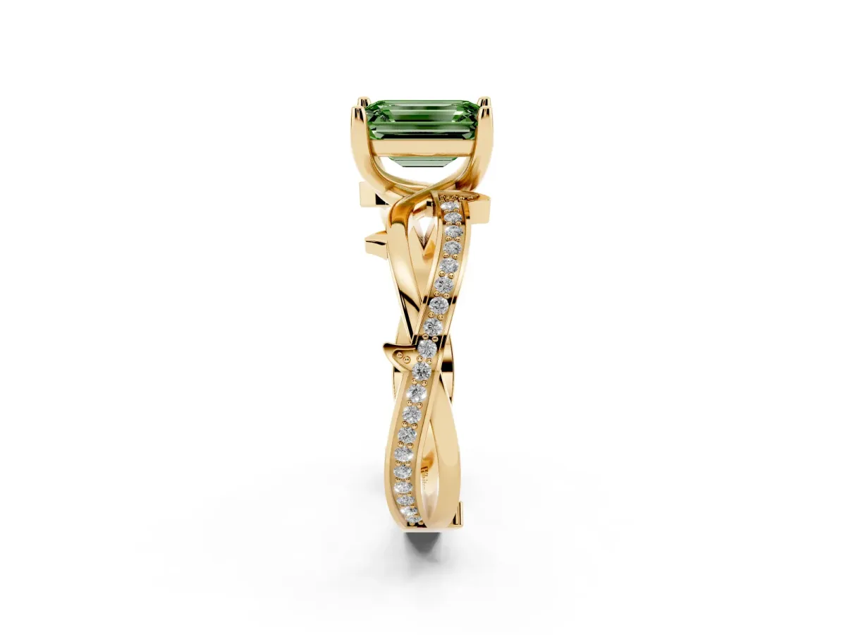Fancy Green Emerald Cut Solitaire Twist Band with Pavé Accents and Four-Prong Setting Yellow gold
