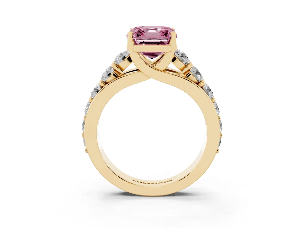 Fancy Pink Asscher Cut Diamond Engagement Ring with Pavé Band and Four-Prong Setting Yellow gold