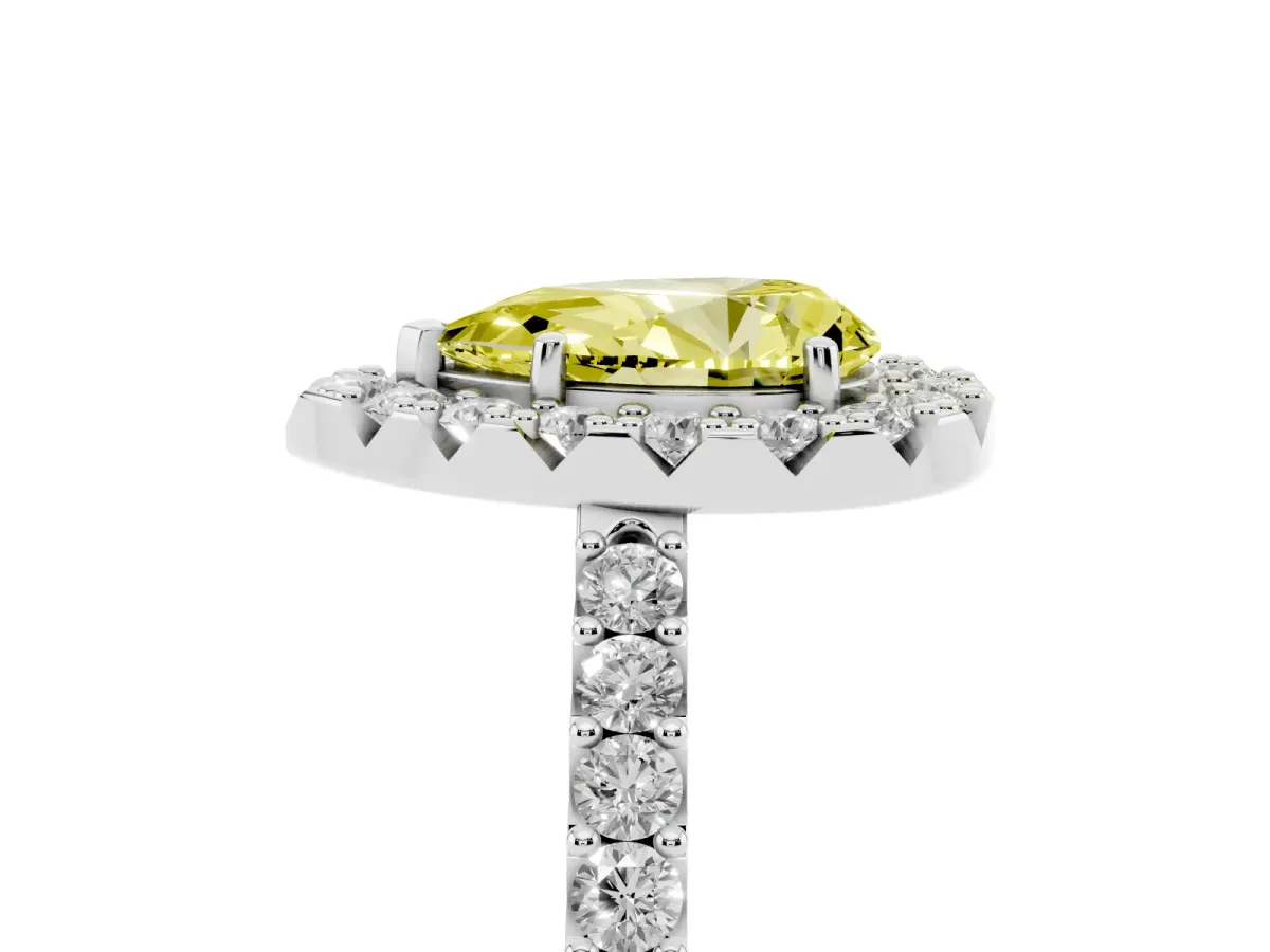 Fancy Yellow Pear Cut Halo Diamond Pavé Solitaire Ring White gold