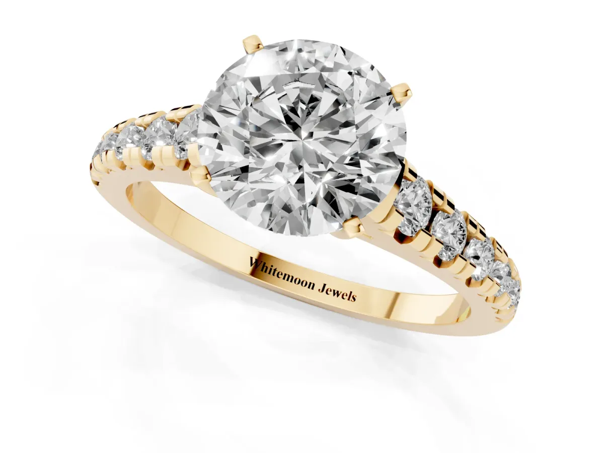 Round Cut Diamond Cathedral Solitaire Ring with Round Pavé Band Yellow gold