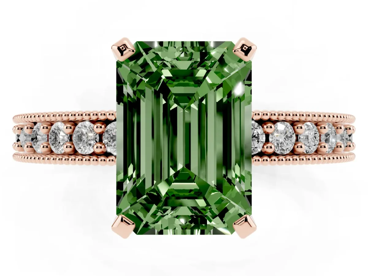 Fancy Green Emerald Cut Diamond Milgrain Pavé Engagement Ring with Four-Prong Setting Rose gold