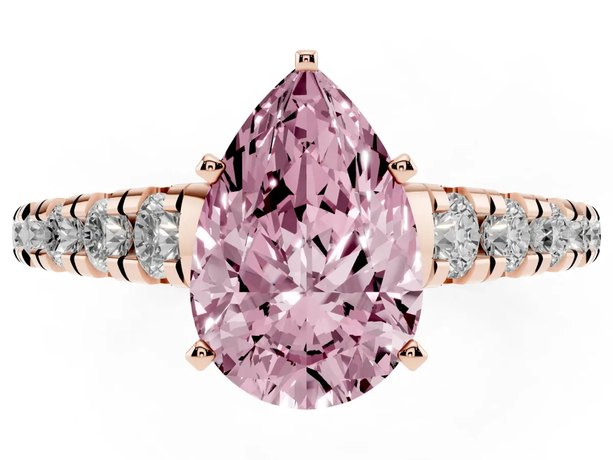 Fancy Pink Pear Cut Diamond Cathedral Solitaire Ring with Round Pavé Band Rose gold