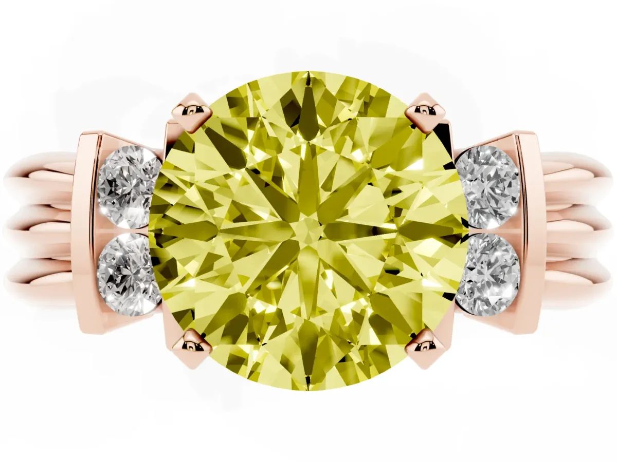 Fancy Yellow Round Cut Cut Three-Stone Channel Set Ring with Bar Prongs Rose gold