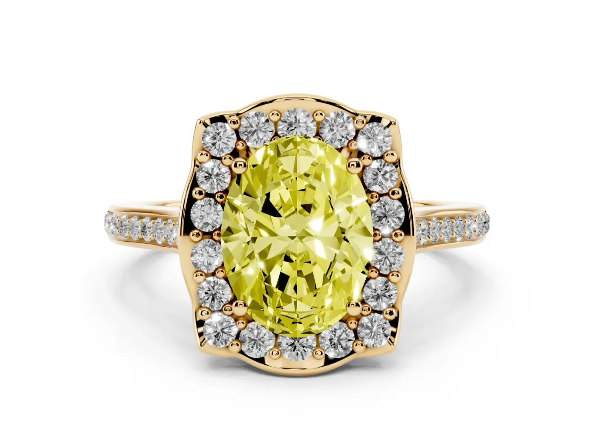 Fancy Yellow Oval Cut Halo Round Diamond Pave Band with Four-Prong Setting Yellow gold