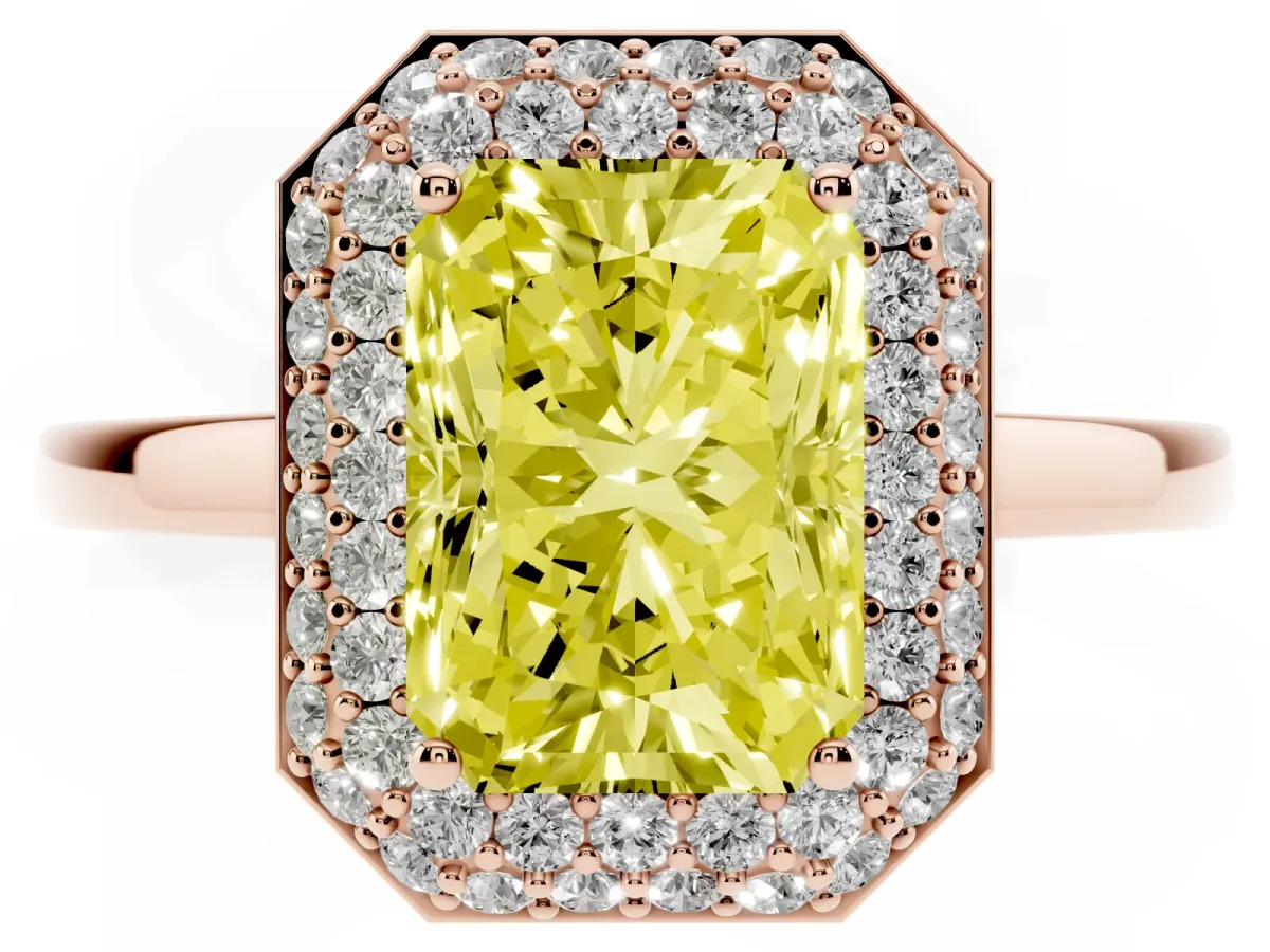 Fancy Yellow Radiant Cut Halo Diamond Engagement Ring with Solitaire Band and Four-Prong Setting Rose gold