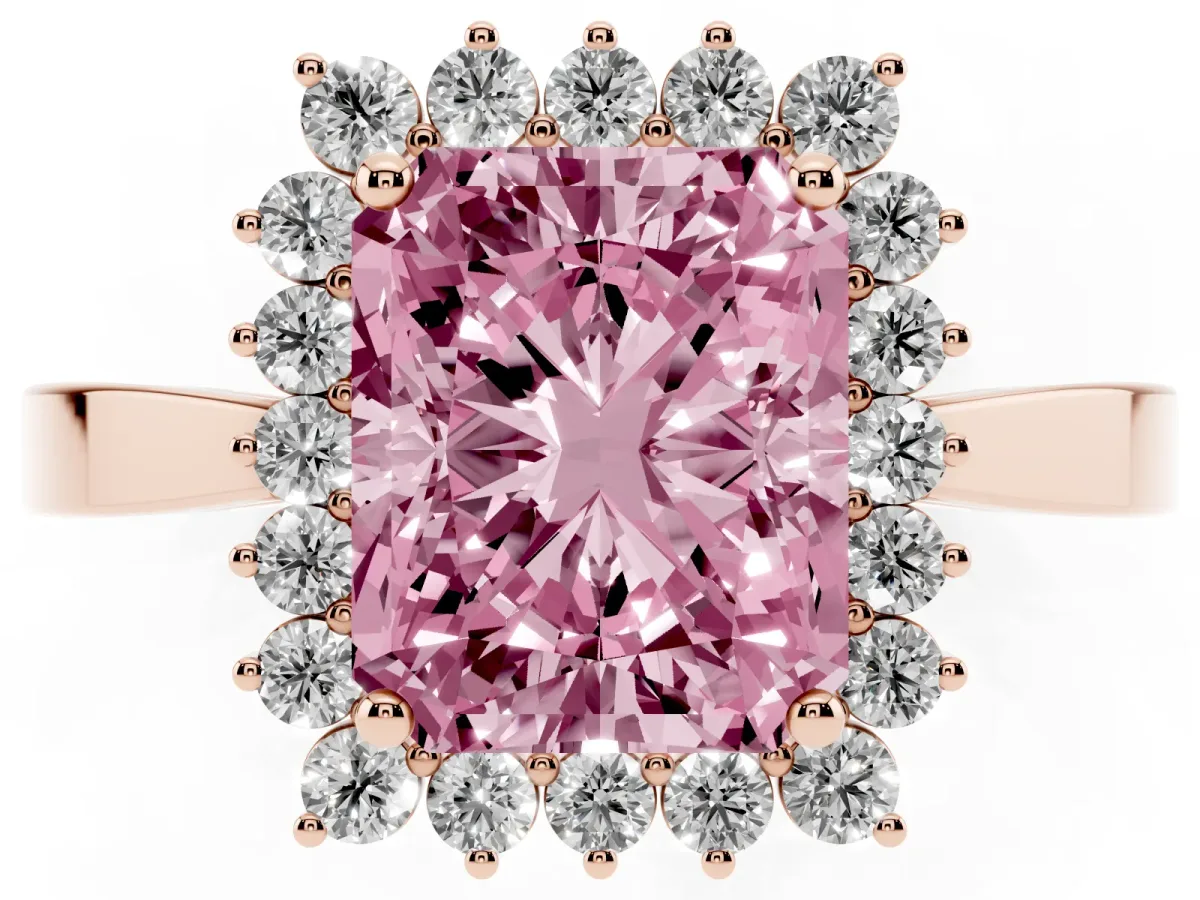Fancy Pink Radiant Cut Cut Diamond Halo Ring with Round Brilliant Halo and Solitaire Band Rose gold