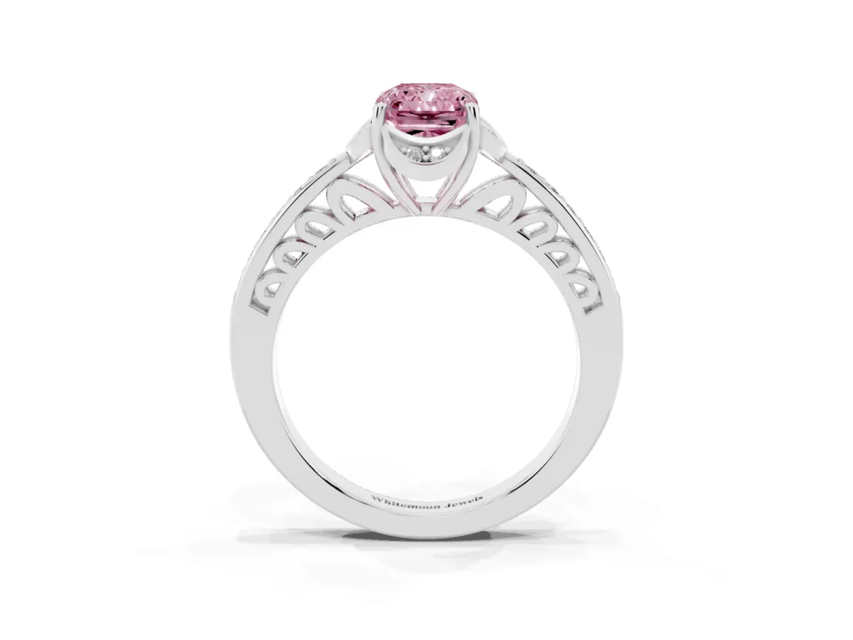 Fancy Pink Radiant Cut Cut Halo Diamond Ring with Channel Set Band and Four-Prong Setting Platinum