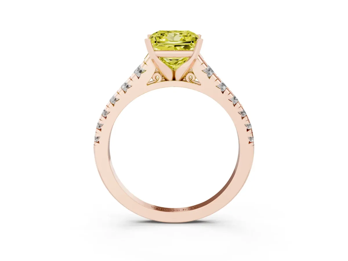 Fancy Yellow Princess Cut Diamond Cathedral Solitaire Ring with Round Pavé Band Rose gold