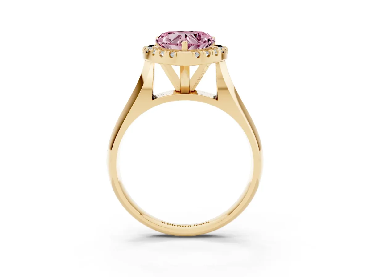Fancy Pink Heart Cut Cut Halo Solitaire Engagement Ring with Square Band and Four-Prong Setting Yellow gold