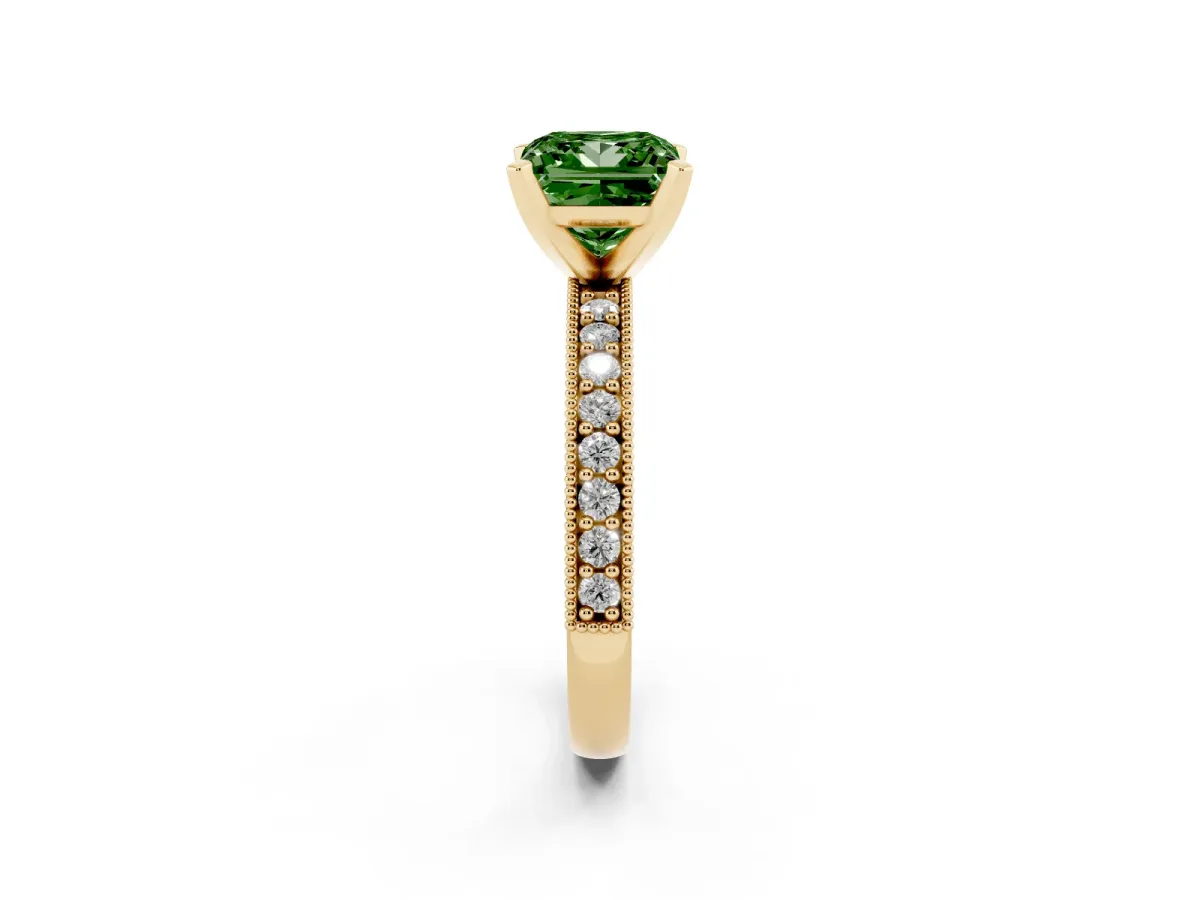 Fancy Green Princess Cut Diamond Milgrain Pavé Engagement Ring with Four-Prong Setting Yellow gold