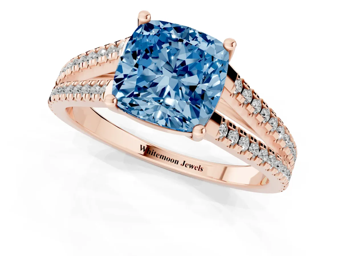 Fancy Blue Cushion Cut Diamond Solitaire Engagement Ring with Split Shank Pavé Band Rose gold