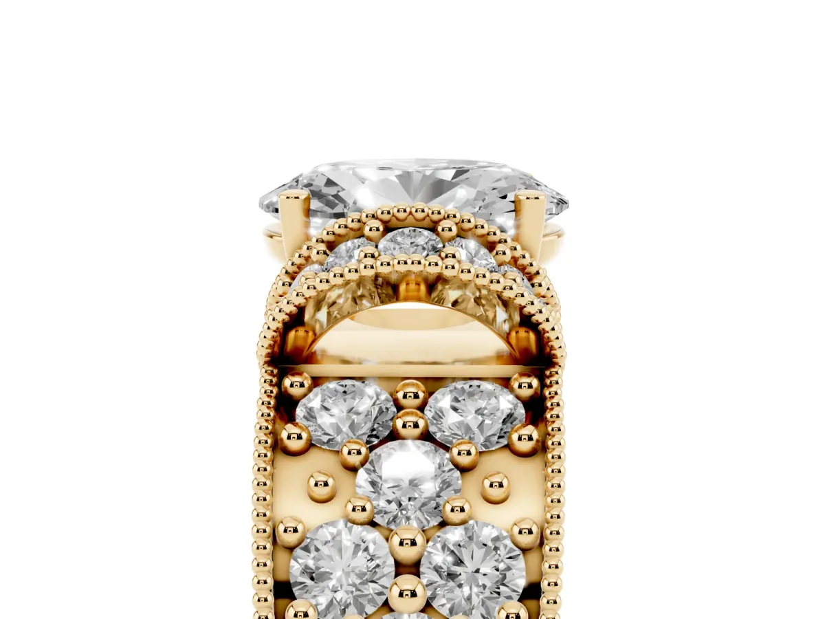 Oval Cut Halo Pave Diamond Engagement Ring with Milgrain Detailing Yellow gold