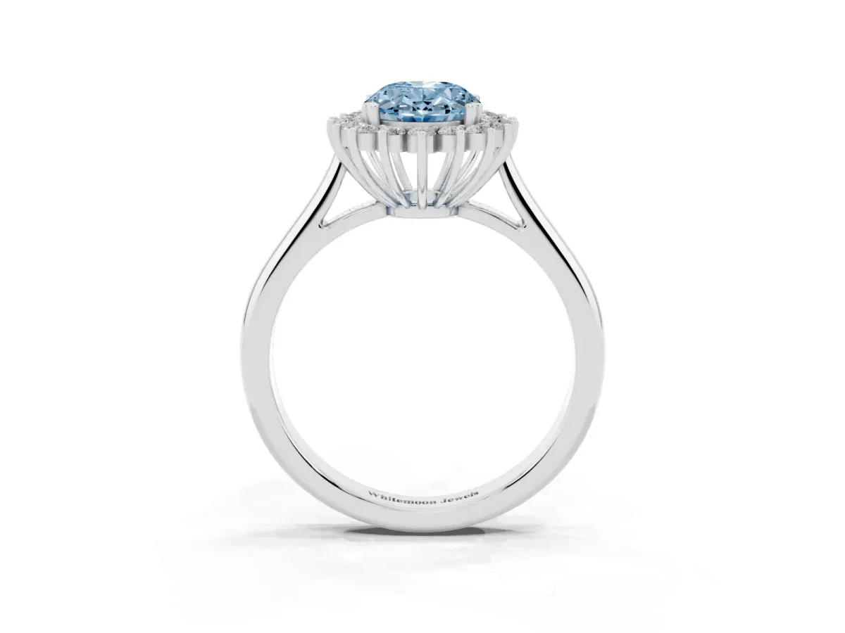 Fancy Blue Oval Cut Cut Diamond Halo Ring with Solitaire Band and Prong Setting Silver