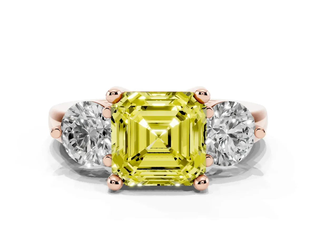 Fancy Yellow Three-Stone Asscher Cut Brilliant Cut Solitaire Ring with Prong Setting on a Classic Band Rose gold