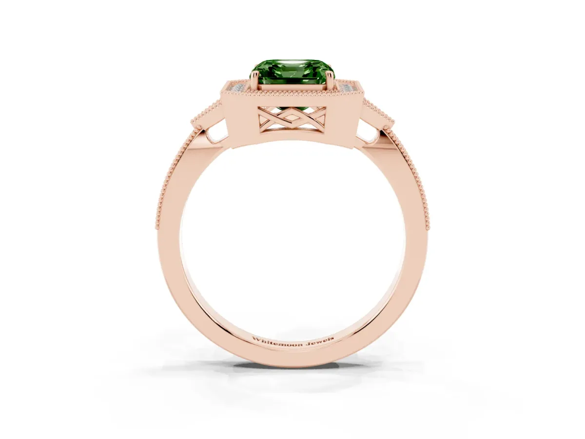 Fancy Green Asscher Cut Halo Round Diamond Milgrain Pave Engagement Ring Rose gold