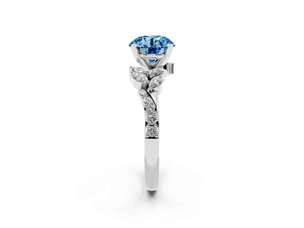 Fancy Blue Round Cut Solitaire Marquise Twist Band with Six-Prong Setting Silver