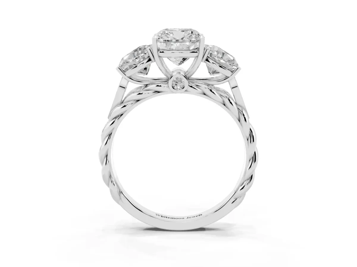 Three-Stone Cushion Cut Diamond Braided Band Ring with Four-Prong Setting Platinum