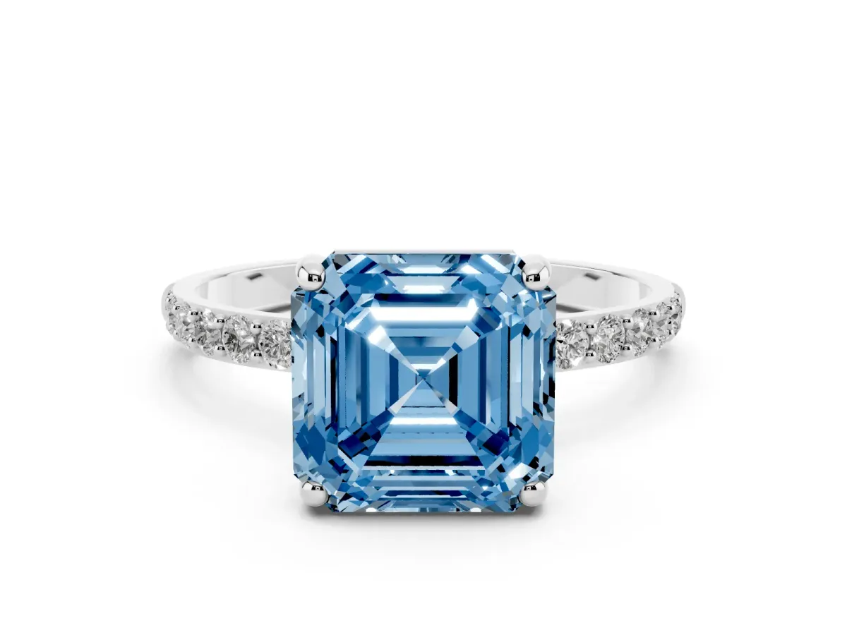 Fancy Blue Asscher Cut Diamond Solitaire Ring with Round Pavé Band and Prong Setting Silver