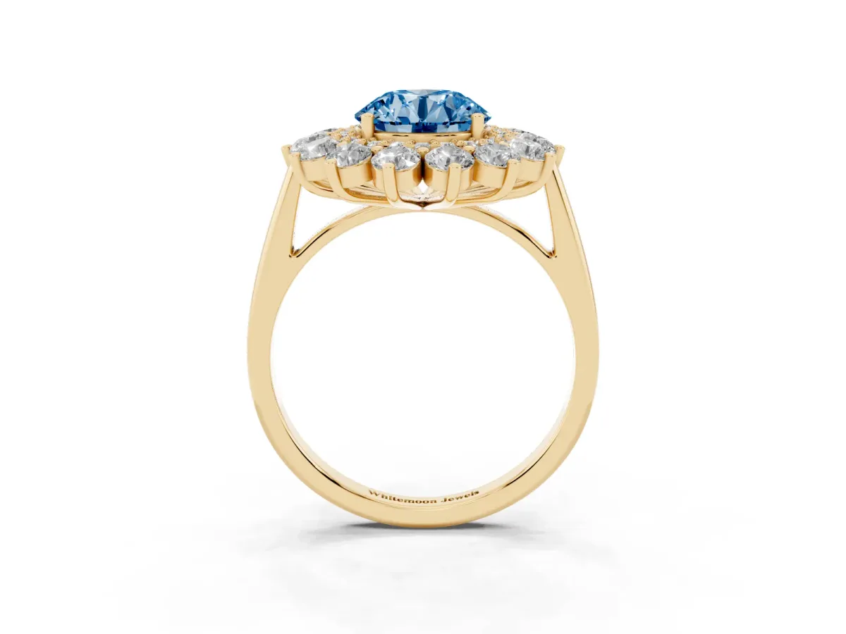 Fancy Blue Round Cut Diamond Floral Double Halo Engagement Ring with Prong Setting Yellow gold