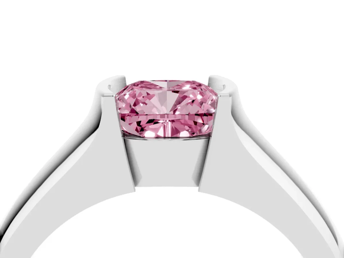 Fancy Pink Cushion Cut Solitaire Bezel Set Diamond Ring with Wide Band Silver