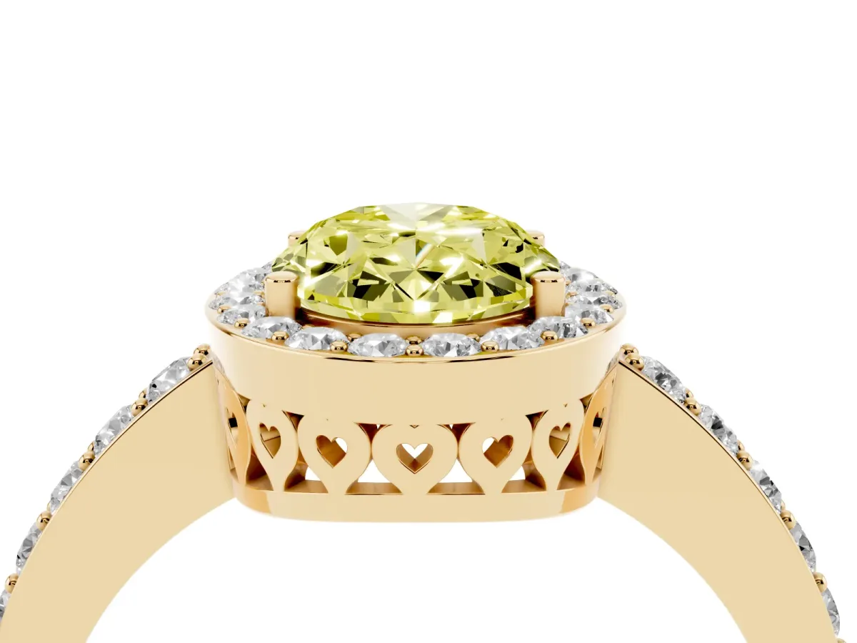 Fancy Yellow Oval Cut Halo Diamond Pavé Band Ring with Prong Setting Yellow gold