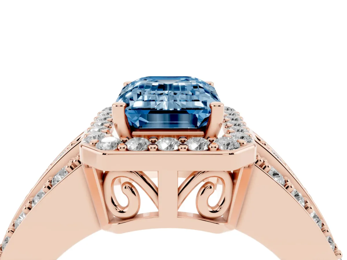 Fancy Blue Emerald Cut Halo Diamond Ring with Round Split Shank and Prong Setting Rose gold