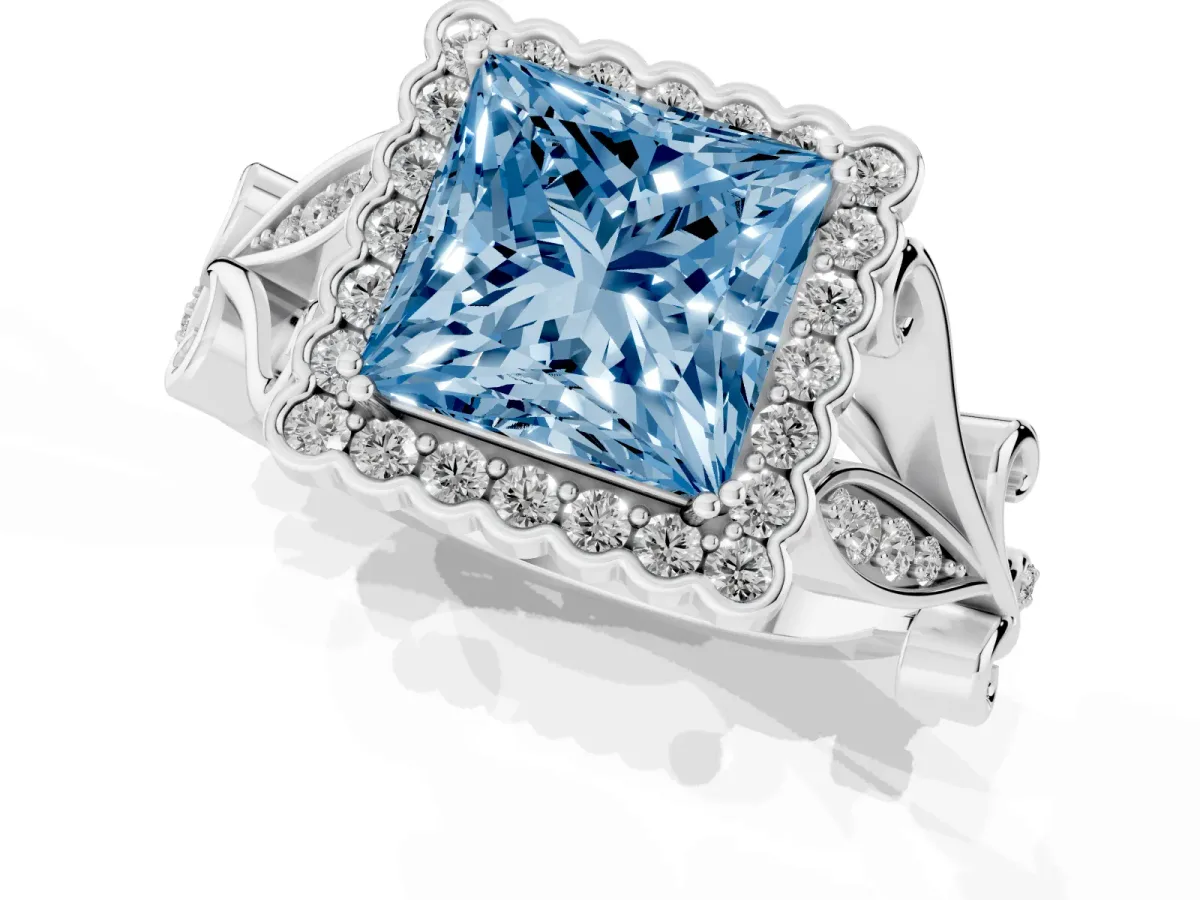 Fancy Blue Princess Cut Diamond Halo Ring with Vintage Split Shank and Four-Prong Setting Silver