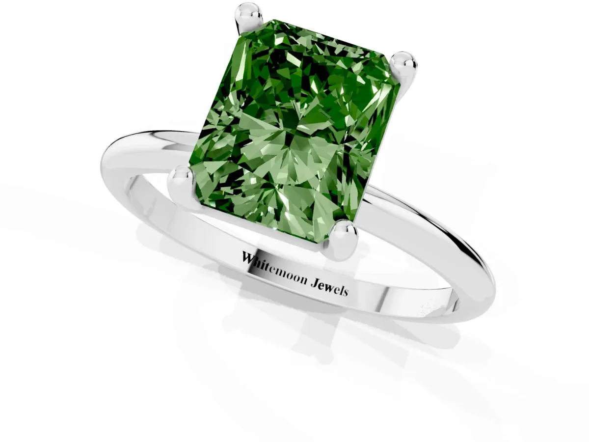 Fancy Green Radiant Cut Solitaire Diamond Ring with 4-Prong Setting on a Classic Band Silver
