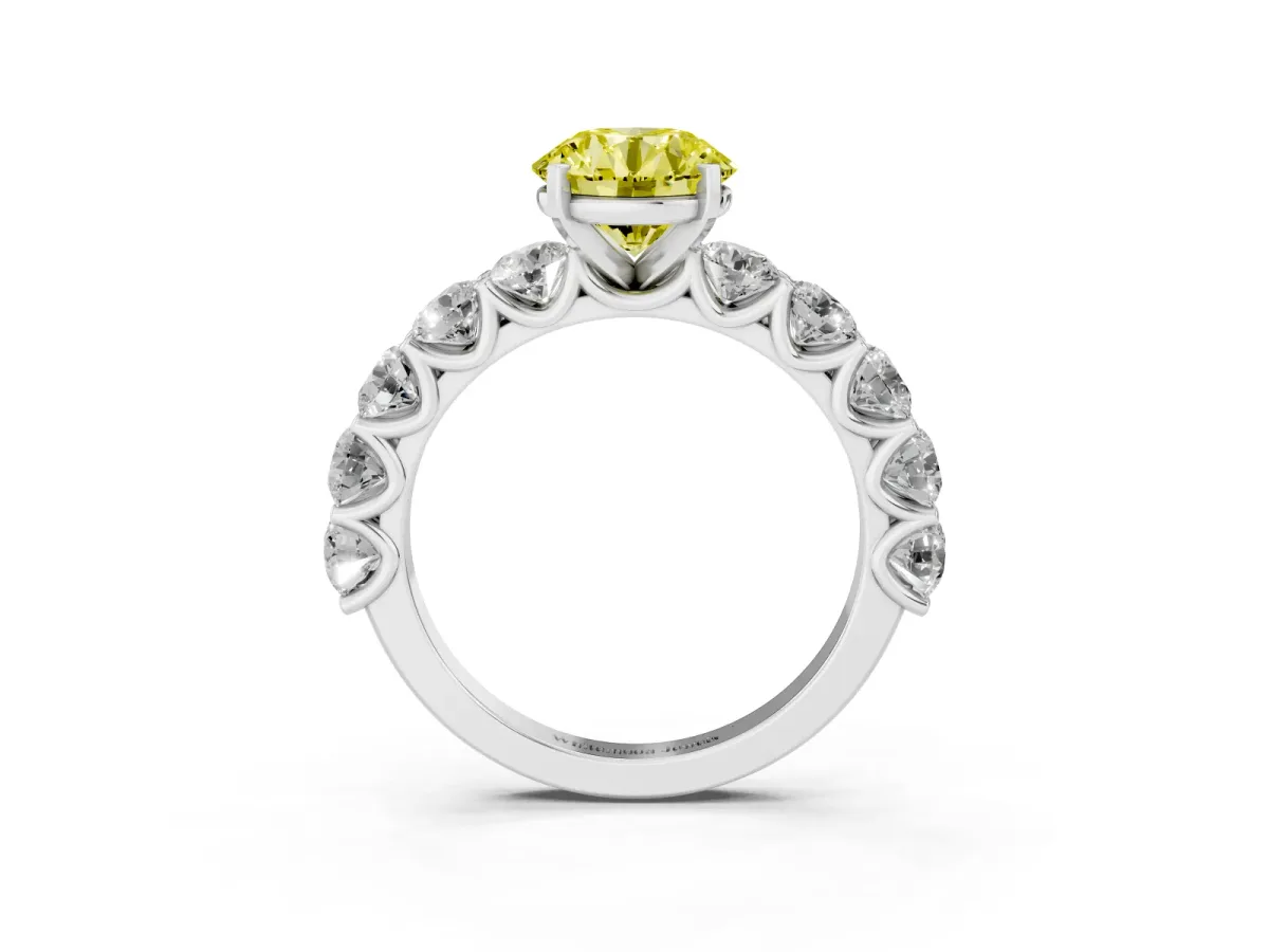 Fancy Yellow Round Cut Diamond Prong Setting with Side Stones on a Pave Band Platinum