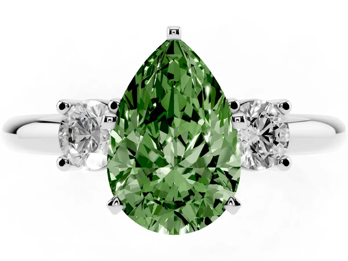 Fancy Green Three-Stone Pear Cut Cut Diamond Solitaire with Prong Setting and Classic Band Silver