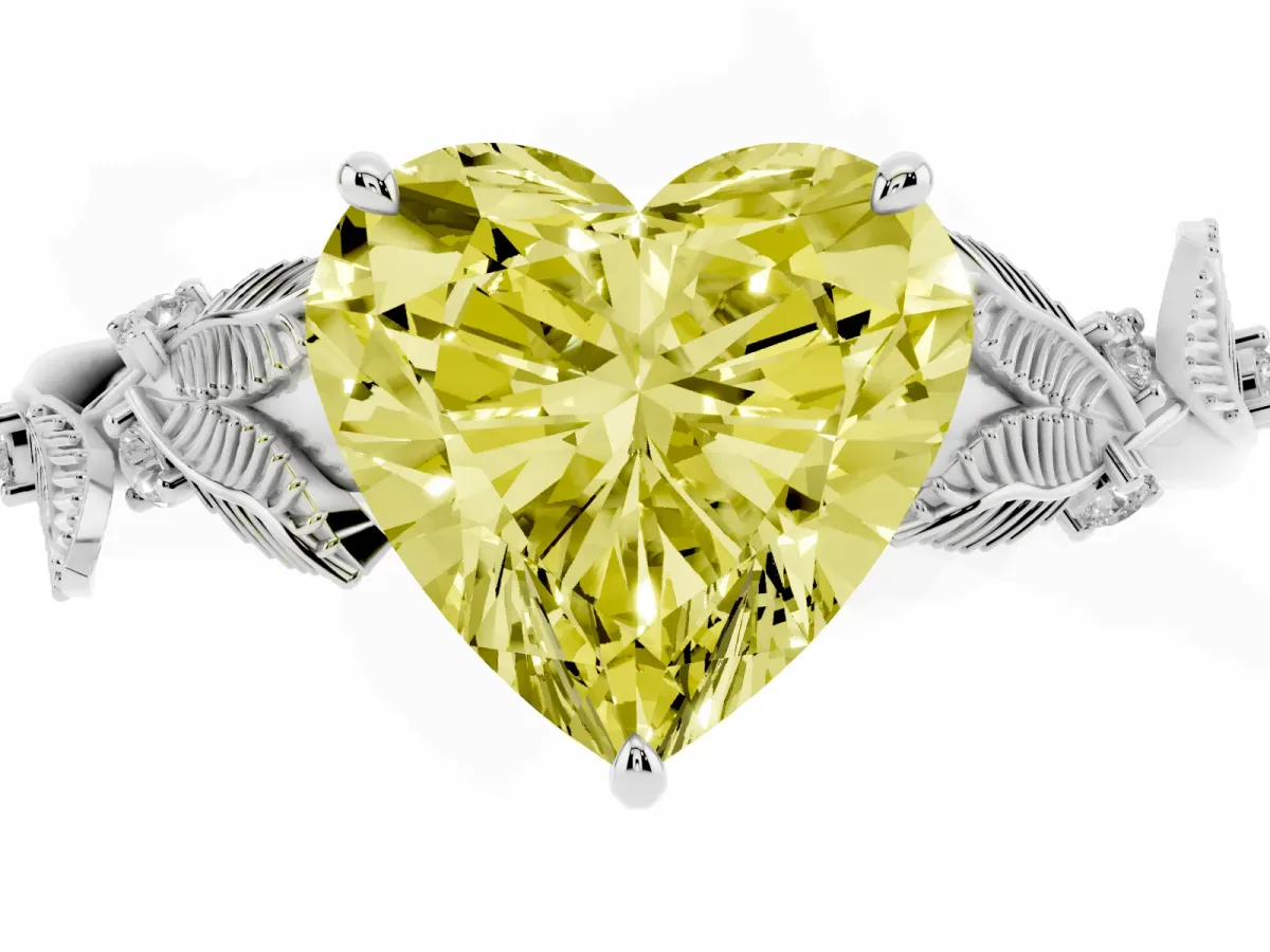 Fancy Yellow Heart Cut Diamond Solitaire Ring with Leaf Motif Band and Four-Prong Setting Silver