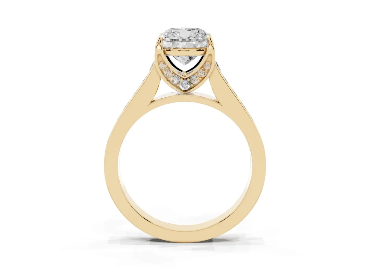 Cushion Cut Brilliant Cut Diamond Engagement Ring with Pavé Band and Four-Prong Setting Yellow gold